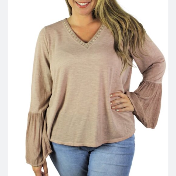Knox Rose Size Xl Blouse Neutral Pink V Neck Flared Sleeves Studded Hippie Boho - Picture 1 of 8